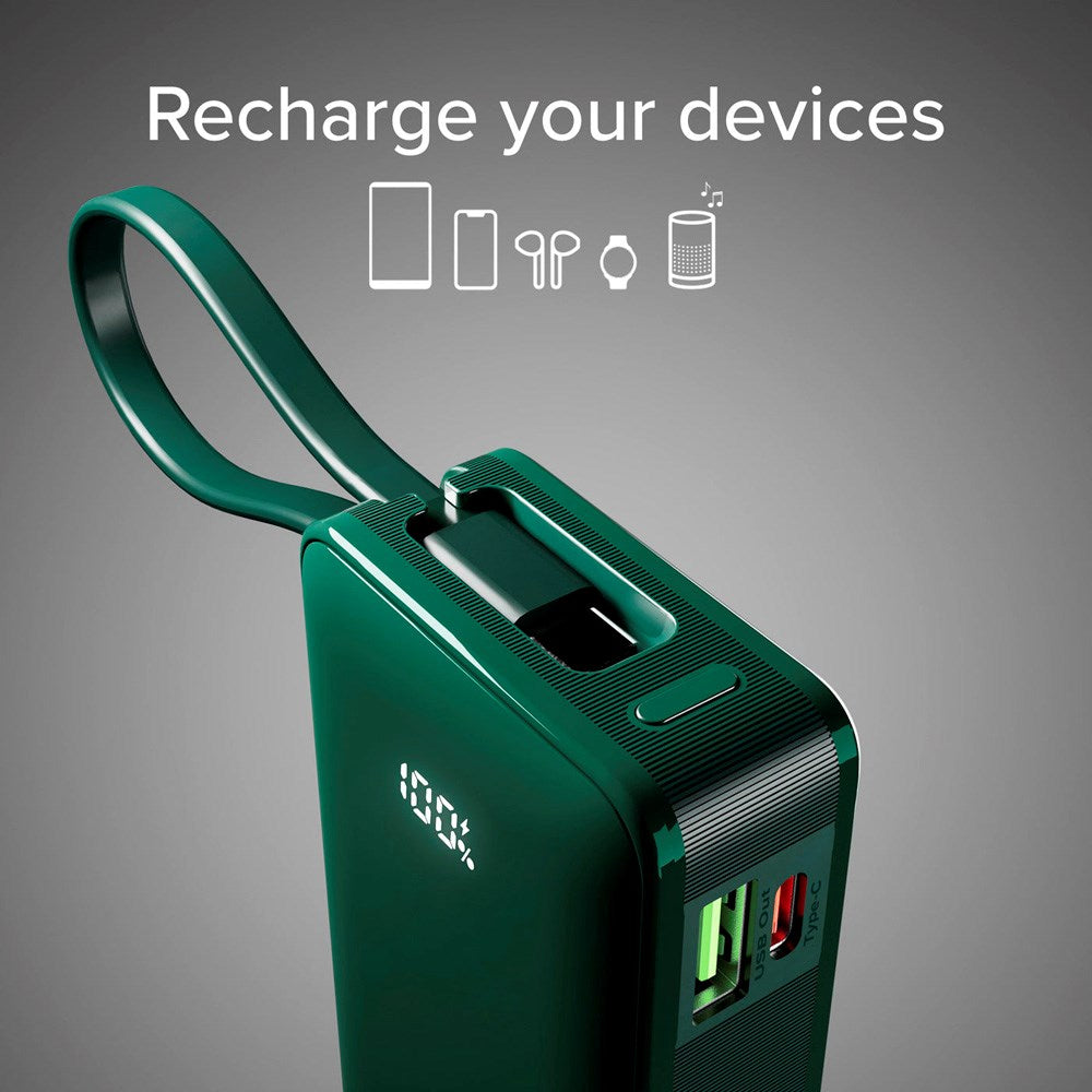 20W LCD PowerBank m. 1x USB-A & 1x USB-C - SBS - 10.000 mAh - Indbygget USB-C Kabel - Grøn
