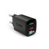 SBS - 30W - LCD Vægoplader - 1x USB-A & 1x USB-C - Sort