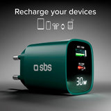 SBS - 30W - LCD Vægoplader - 1x USB-A & 1x USB-C - Grøn