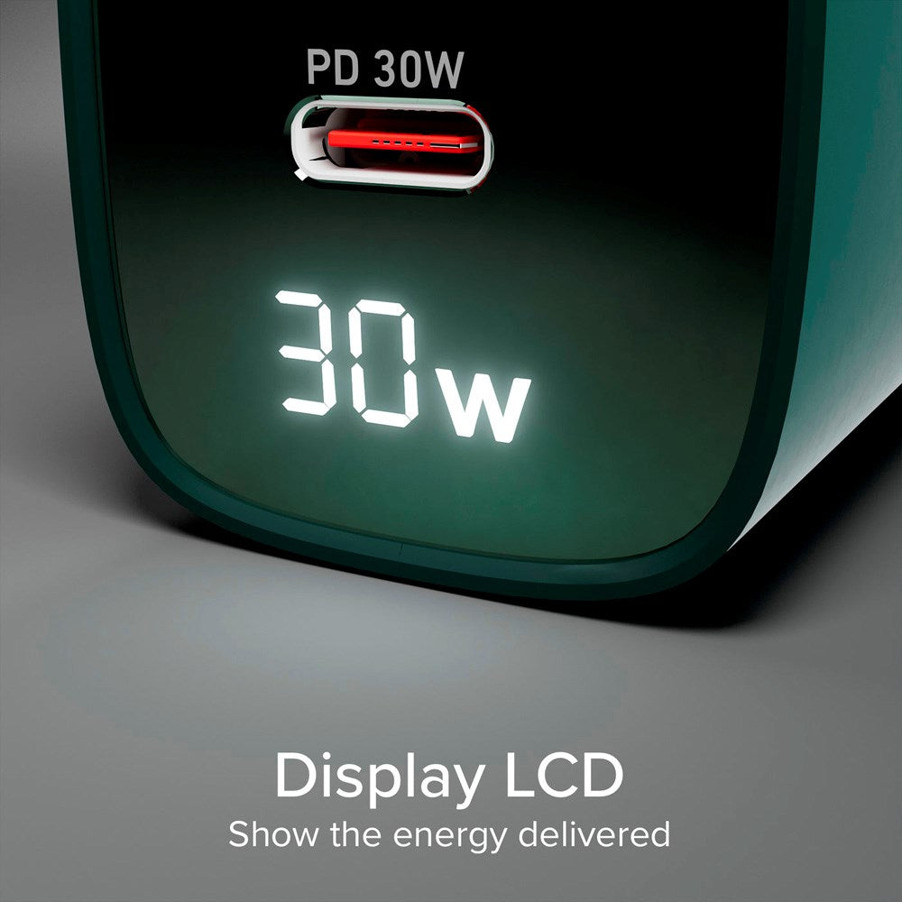 SBS - 30W - LCD Vægoplader - 1x USB-A & 1x USB-C - Grøn