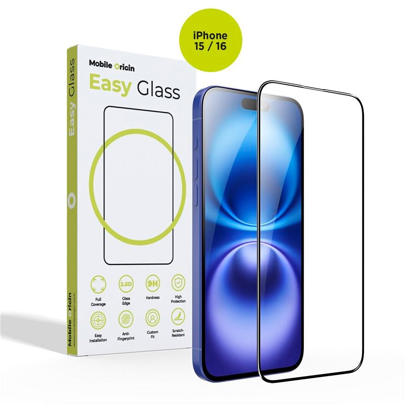iPhone 15 / 16 Mobile Origin EasyGlass - Skærmbeskyttelsesglas - Gennemsigtig / Sort Kant