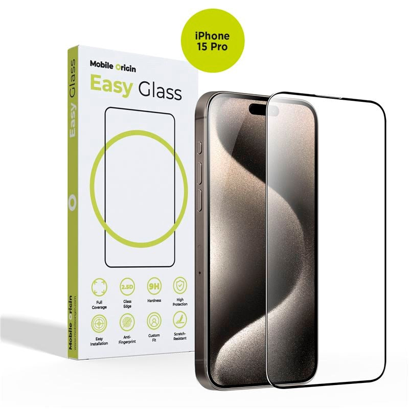 iPhone 15 Pro Mobile Origin EasyGlass Beskyttelsesglas - Gennemsigtig / Sort Kant