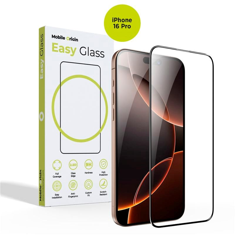 iPhone 16 Pro Mobile Origin EasyGlass - Skærmbeskyttelsesglas - Gennemsigtig / Sort Kant