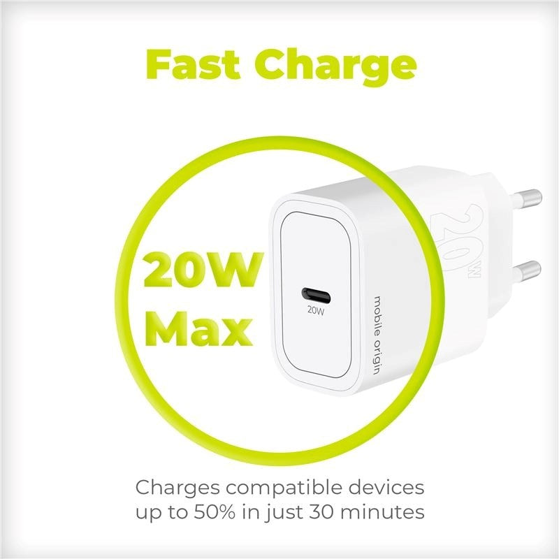 Mobile Origin PD 20W USB-C Vægoplader - Hvid