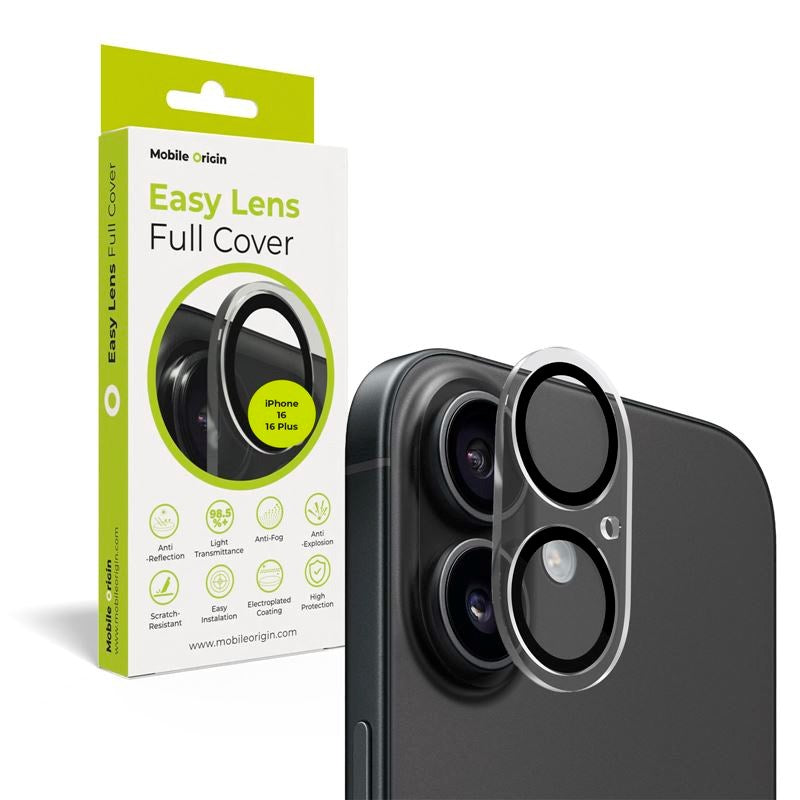 iPhone 16 / 16 Plus Mobile Origin - Hærdet Glas Kameralinsebeskyttelse - Gennemsigtig / Sort Kant