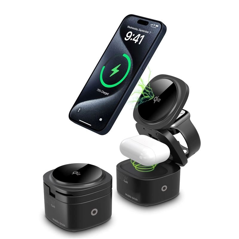 Mobile Origin Foldbar Qi2 Trådløs Oplader-  5-in-1 Ladefunktion - 65W - Sort