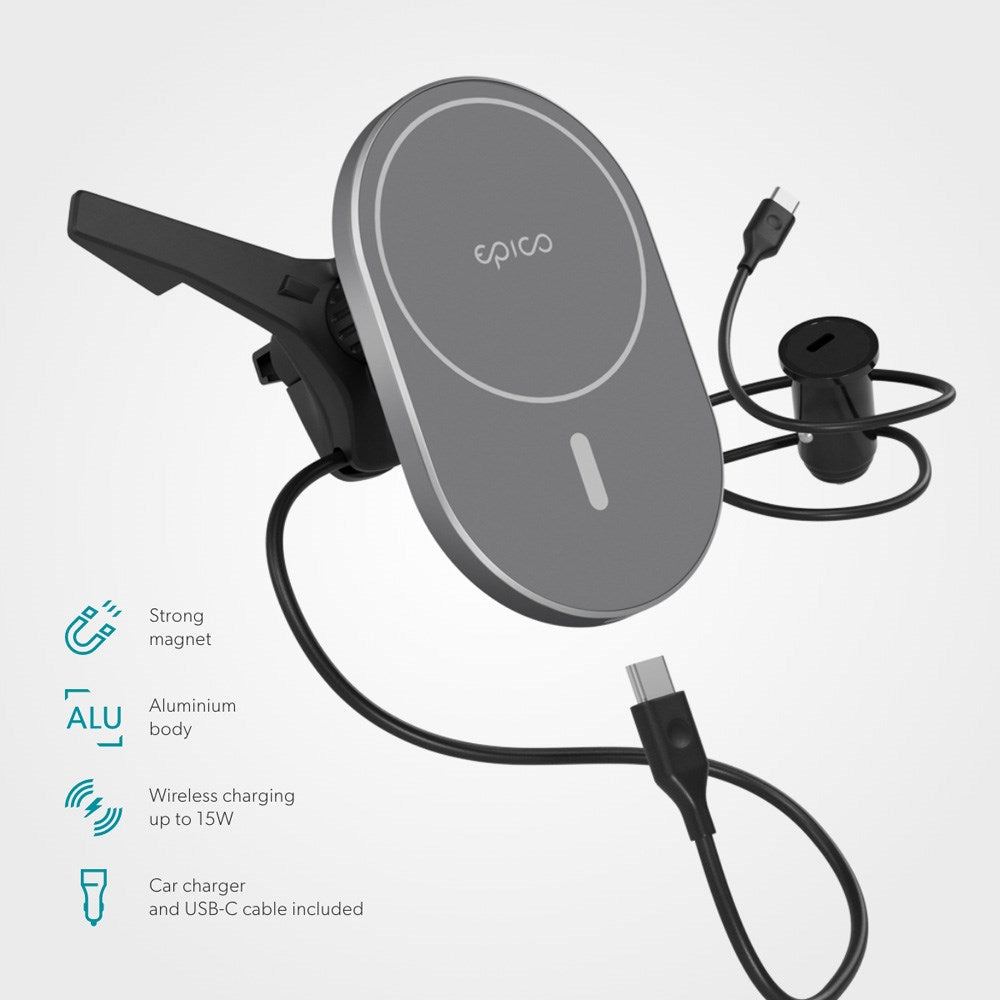 Epico Magnetisk Mobilholder til Bilens Ventilation m. 15W Trådløs Opladning & 18W Biloplader - MagSafe Kompatibel - Space Grey