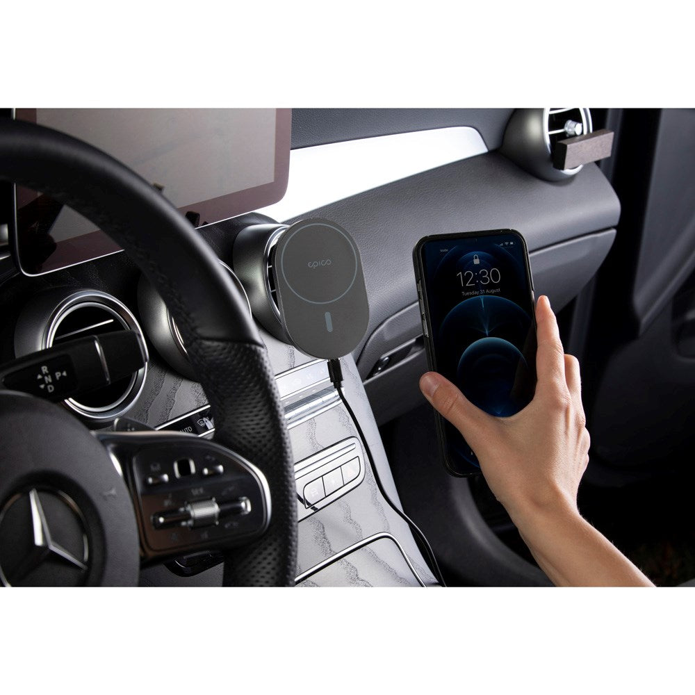 Epico Magnetisk Mobilholder til Bilens Ventilation m. 15W Trådløs Opladning & 18W Biloplader - MagSafe Kompatibel - Space Grey
