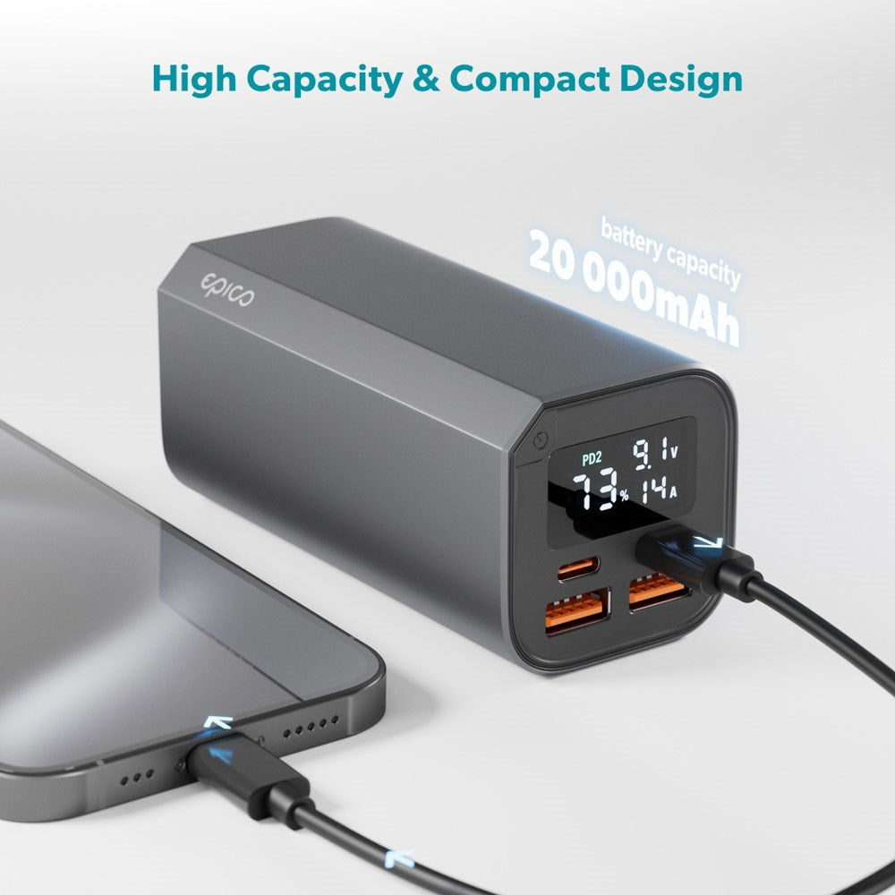 Epico Aluminium Powerbank m. 100W - 20.000 mAh -  2 x USB-A - 2 x USB-C - Grå