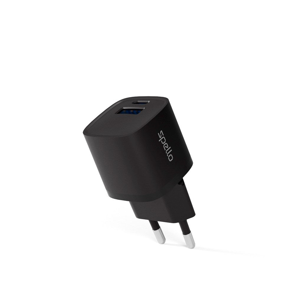 Spello 20W PD Vægoplader m. 1 x USB-C / 1 x USB-A - Sort