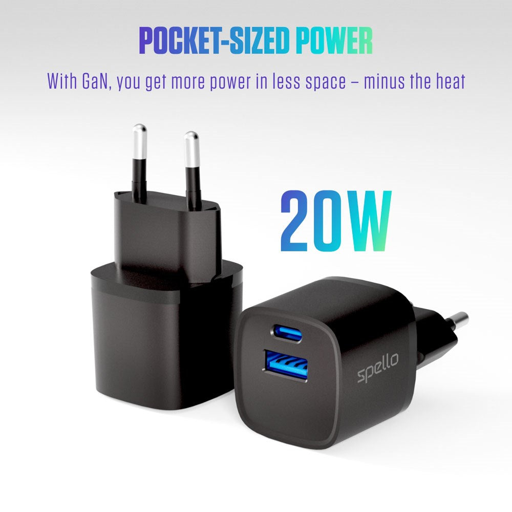 Spello 20W PD Vægoplader m. 1 x USB-C / 1 x USB-A - Sort