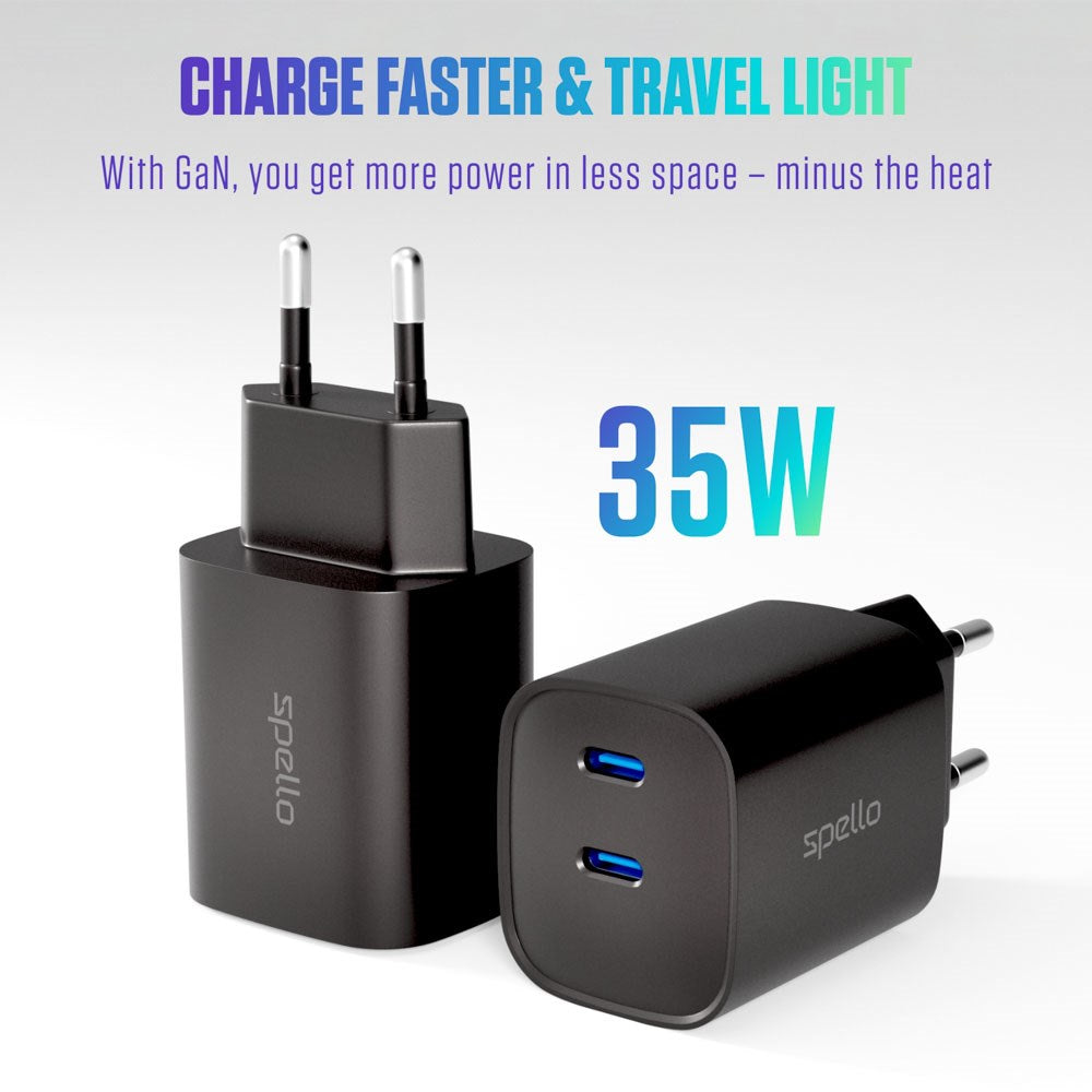 Spello 35W PD Vægoplader m. 2 x USB-C - Sort
