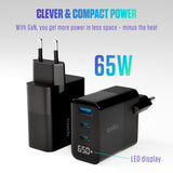 Spello 65W PD Vægoplader m. 2 x USB-C / 1 x USB-A - Sort