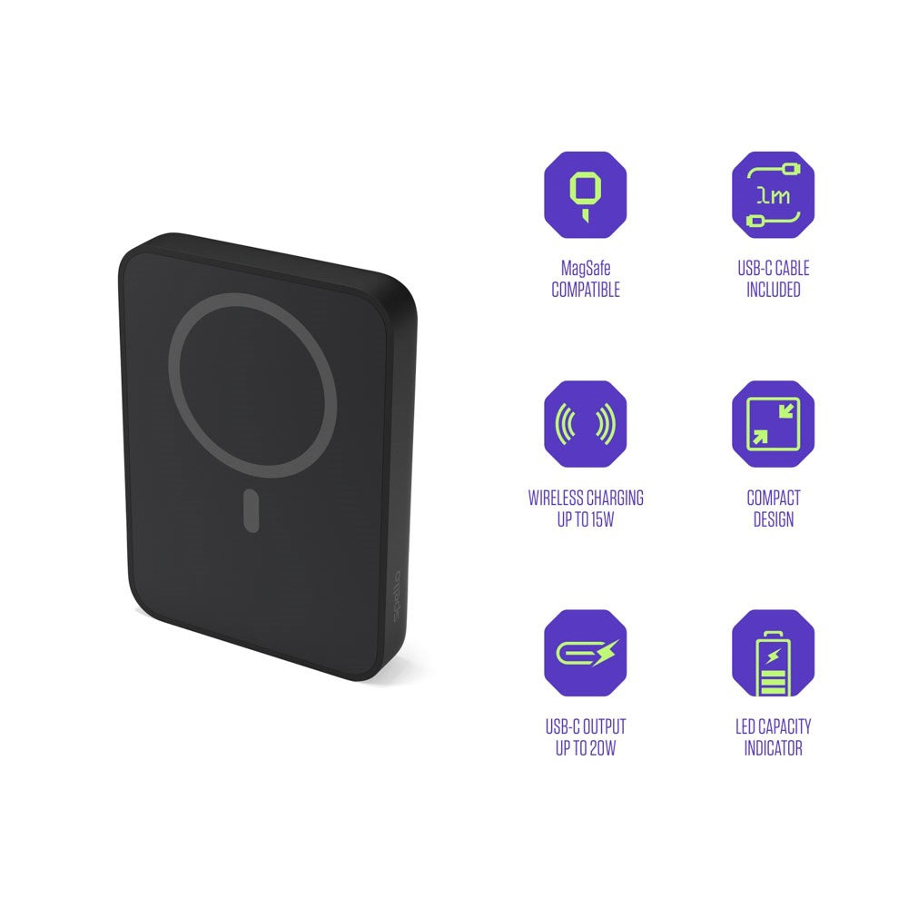 Spello ForcePack 5000mAh Power Bank 15W m. USB-C - MagSafe Kompatibel - Sort
