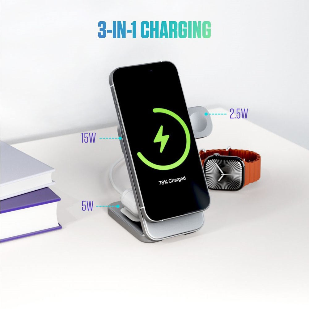 Spello ForceBase 3-i-1 Qi2 Trådløs Oplader 15W - Foldbar - MagSafe Kompatibel - Sølv