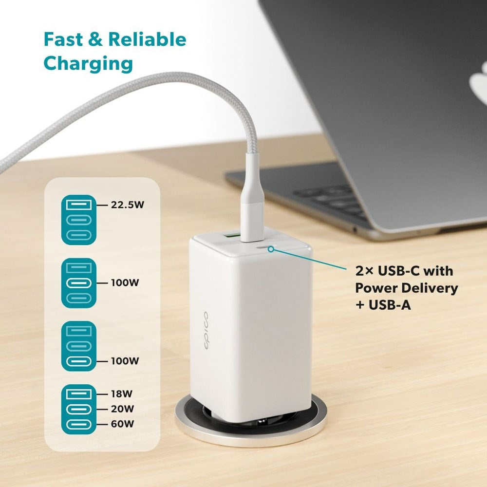 Epico - UltraBoost GaN 100W Vægoplader m. 1.2m USB-C til USB-C Kabel - 2x USB-C / 1x USB-A - Hvid