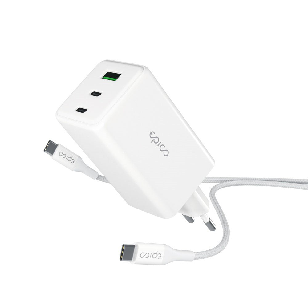 Epico - UltraBoost GaN 100W Vægoplader m. 1.2m USB-C til USB-C Kabel - 2x USB-C / 1x USB-A - Hvid