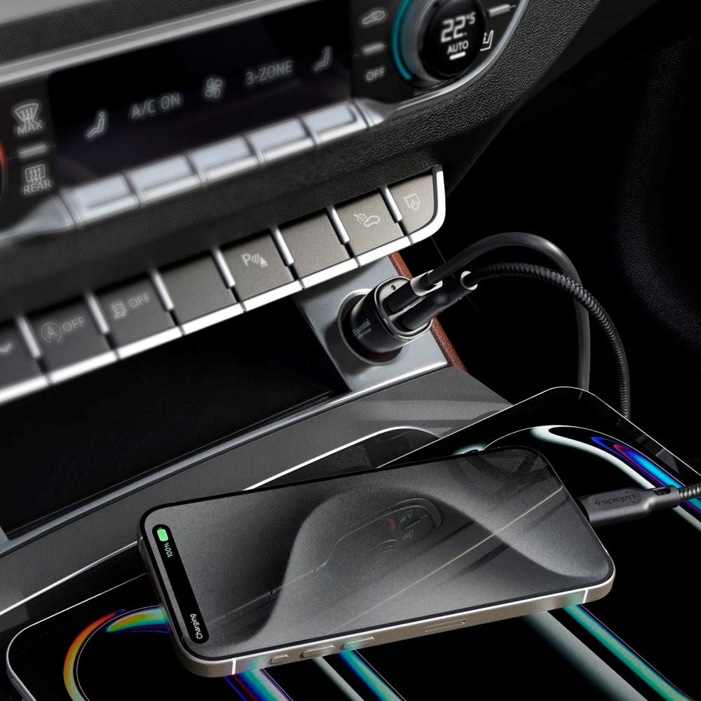 Spigen - 48W Biloplader - 1x USB-C & 1x USB-A - Sort