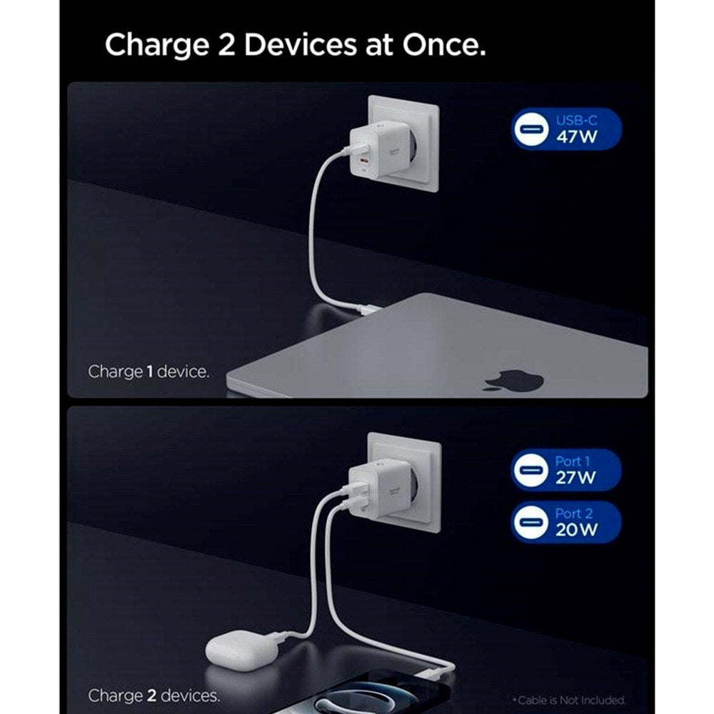 Spigen - 47W Vægoplader - 2x USB-C - Hvid