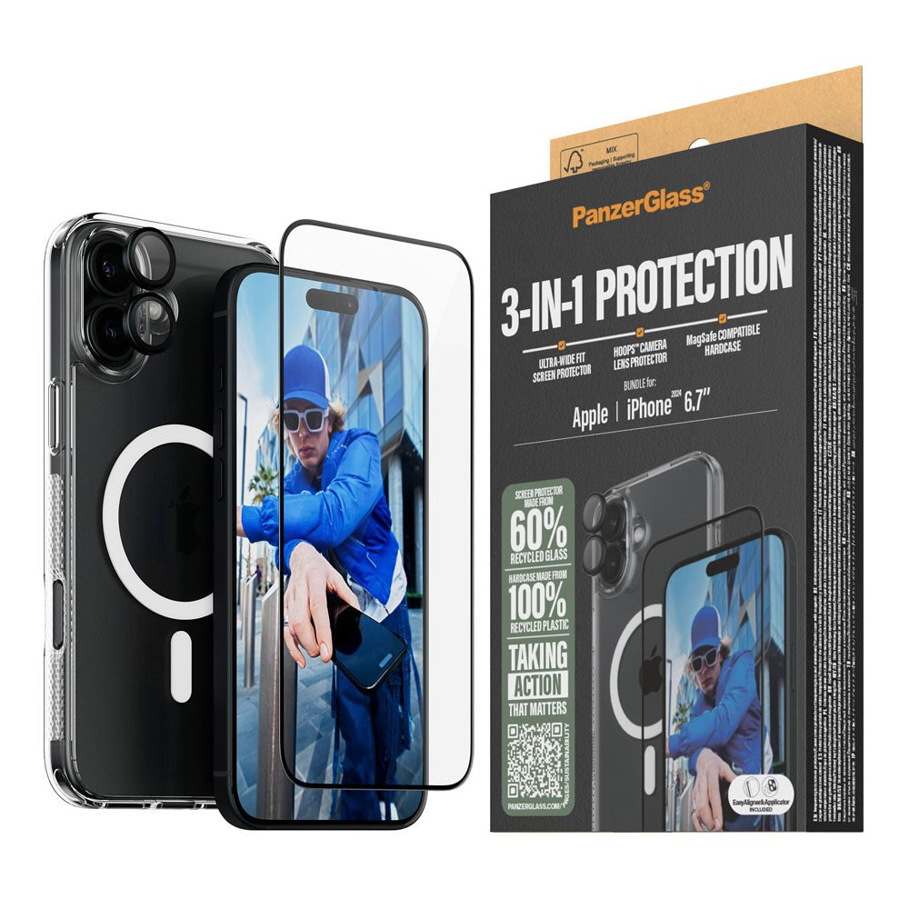 PanzerGlass iPhone 16 Plus 3-i-1 Bundle m. EasyAligner - Skærmbeskyttelse (UWF) / Bagsidecover / Kamerabeskyttelse - Gennemsigtig / Sort