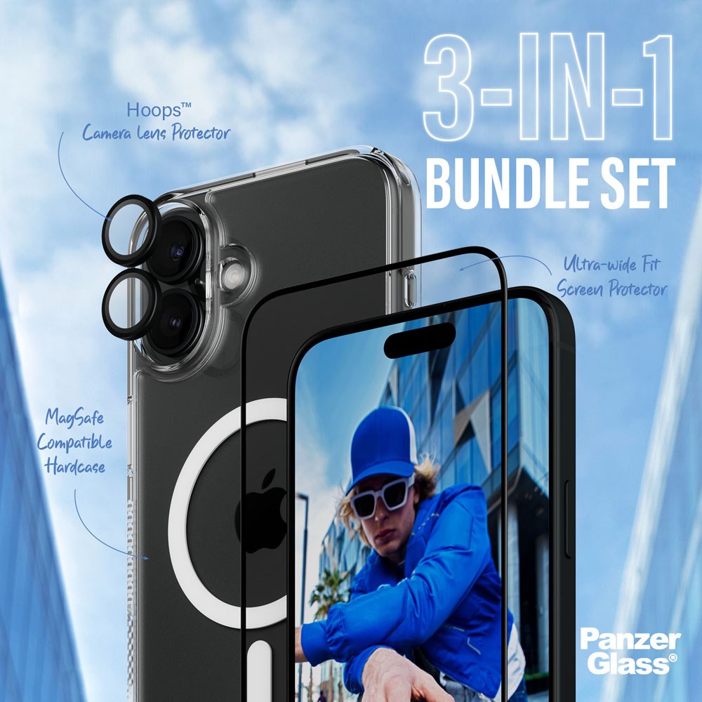 PanzerGlass iPhone 16 Plus 3-i-1 Bundle m. EasyAligner - Skærmbeskyttelse (UWF) / Bagsidecover / Kamerabeskyttelse - Gennemsigtig / Sort