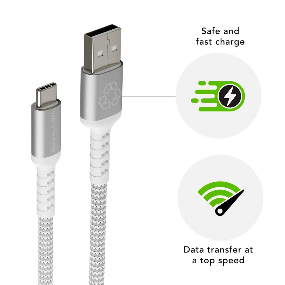 USB-A til USB-C Opladningskabel fra dbramante1928 - Flettet - Genbrug 36W - 1.2M - Hvid