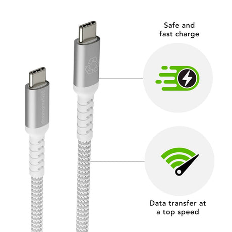 USB-C til USB-C Opladningskabel fra dbramante1928 - Flettet - Genbrug 100W - 1.2M - Hvid