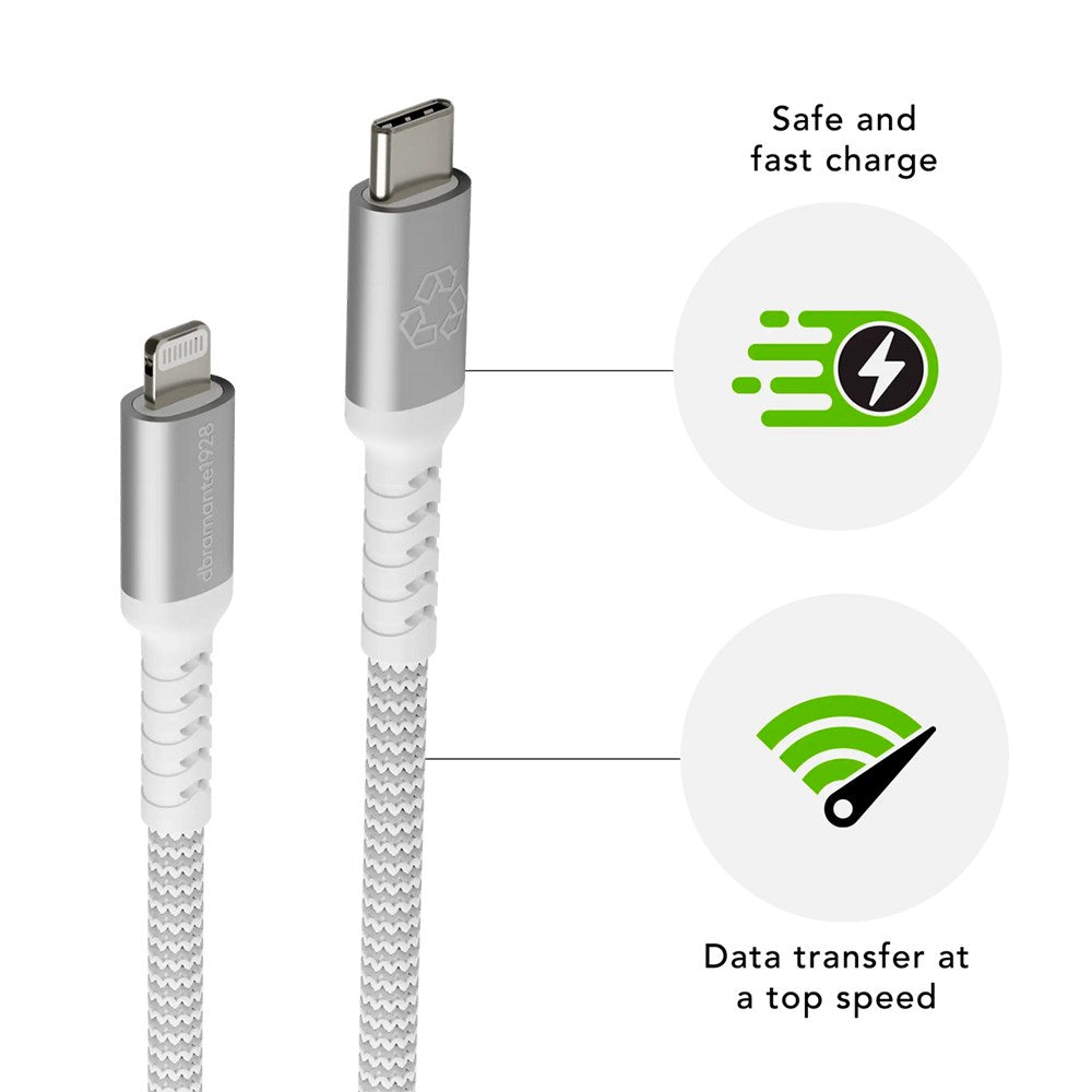 USB-C til Lightning Opladningskabel fra dbramante1928 - Flettet - Genbrug 36W - 1.2M - Hvid