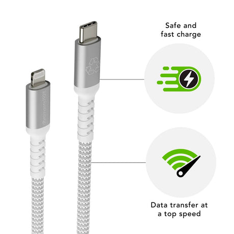 USB-C til Lightning Opladningskabel fra dbramante1928 - Flettet - Genbrug 36W - 1.2M - Hvid