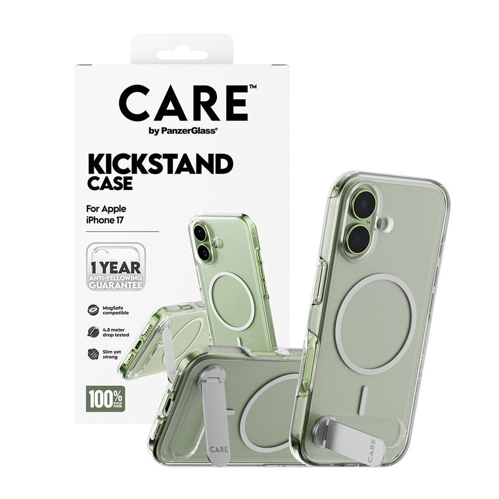 iPhone 17 CARE by PanzerGlass Feature Kickstand Mobil Cover -  MagSafe Kompatibel - Transparent / Silver