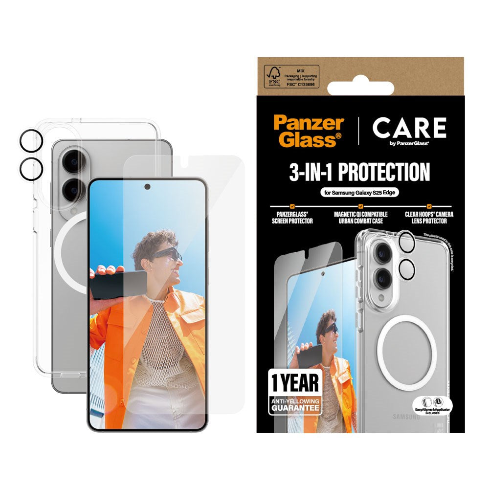 CARE by PanzerGlass - Samsung Galaxy S25 Edge - 3-i-1 FLAGSHIP Bundle - Cover / Skærmbeskyttelse (UWF) / Kamerabeskyttelse - Gennemsigtig / Hvid