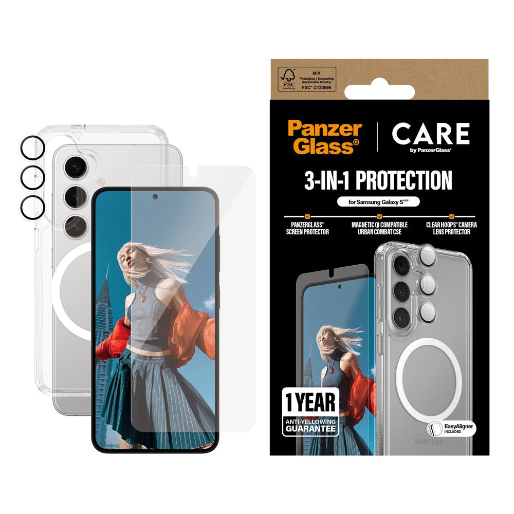 CARE by PanzerGlass - Samsung Galaxy S25 - 3-i-1 FLAGSHIP Bundle - Cover / Skærmbeskyttelse (UWF) / Kamerabeskyttelse - Gennemsigtig