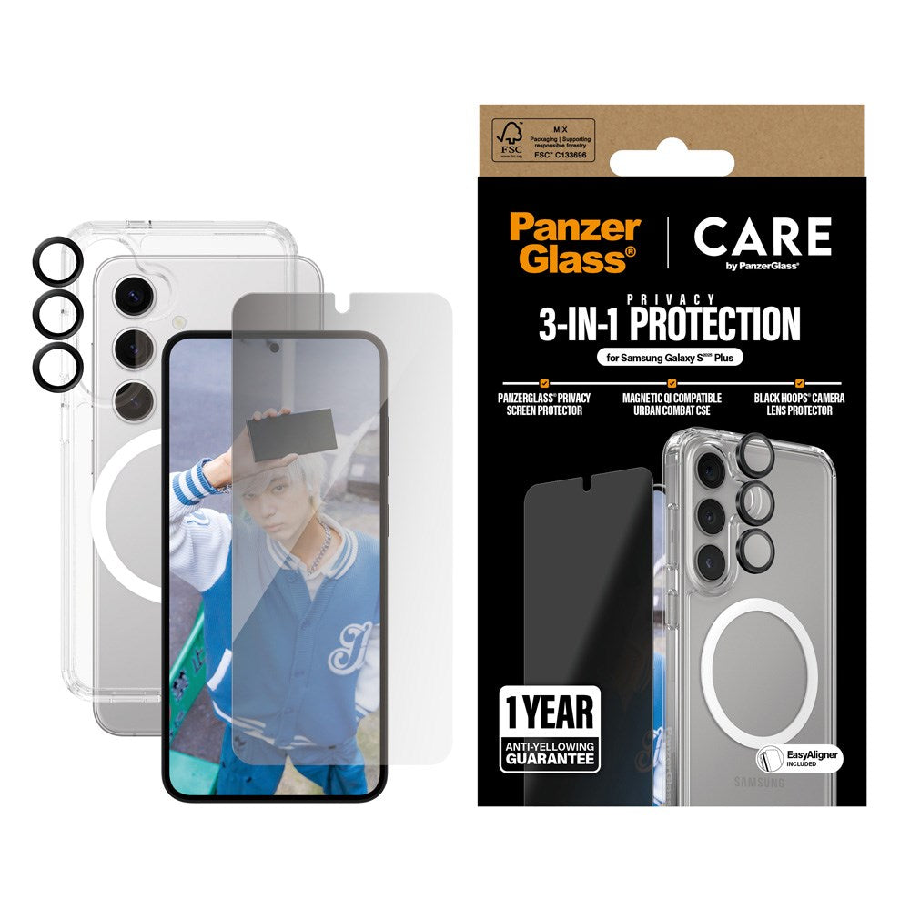 CARE by PanzerGlass - Samsung Galaxy S25+ (Plus) - 3-i-1 FLAGSHIP Bundle - Cover / Privacy Skærmbeskyttelse (UWF) / Kamerabeskyttelse - Gennemsigtig / Sort