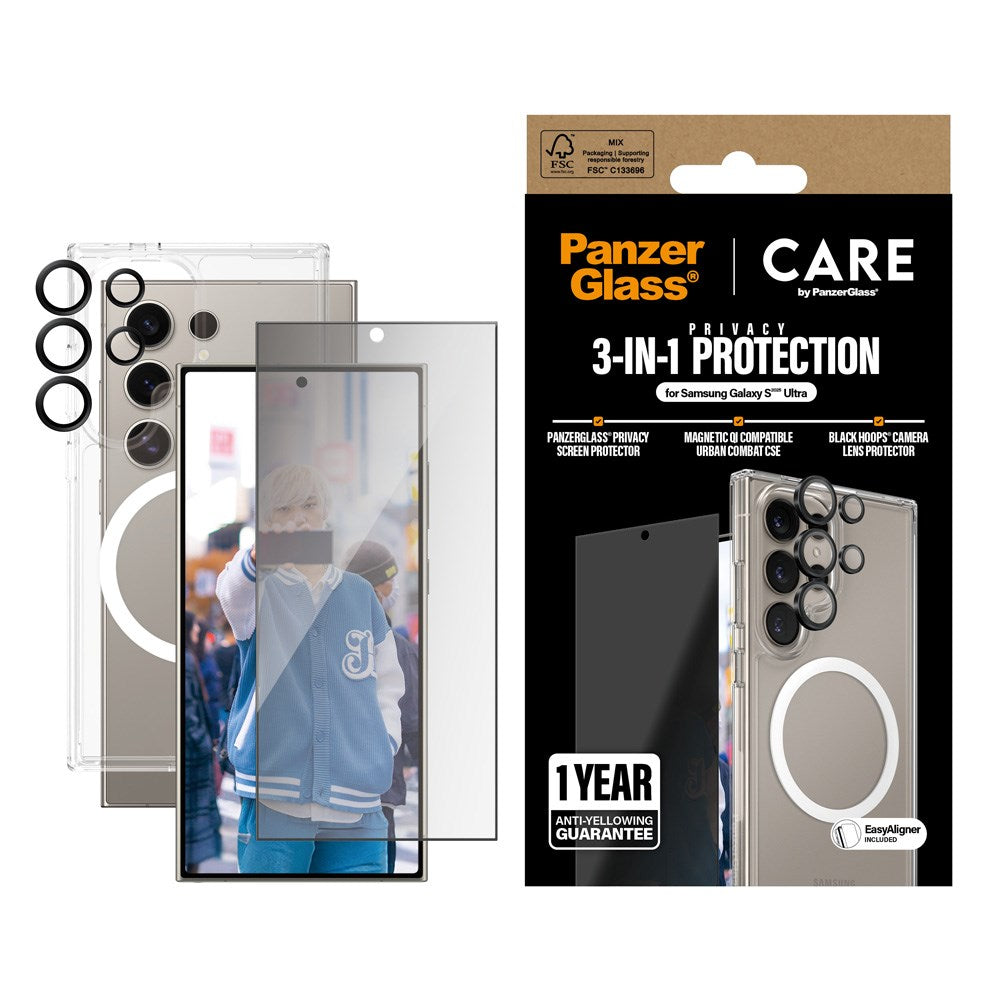 CARE by PanzerGlass - Samsung Galaxy S25 Ultra - 3-i-1 FLAGSHIP Bundle - Cover / Privacy Skærmbeskyttelse (UWF) / Kamerabeskyttelse - Gennemsigtig / Sort