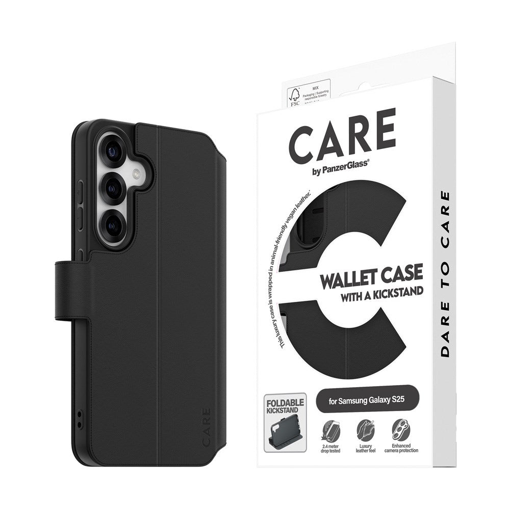 CARE by PanzerGlass Samsung Galaxy S25 Feature Wallet Case m. Ståfunktion og Kortholder - Sort