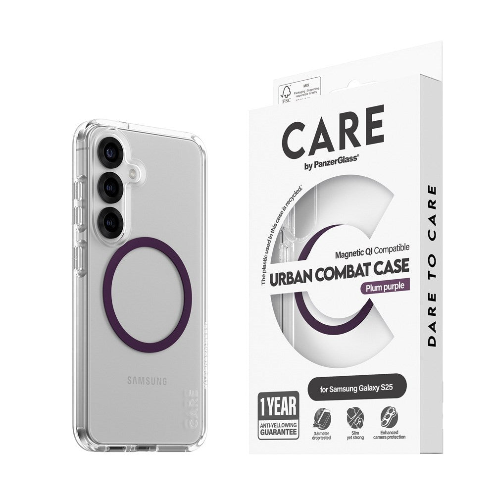 Samsung Galaxy S25 CARE by PanzerGlass FLAGSHIP Urban Combat Case - Qi Kompatibel -Gennemsigtig / Plum Purple