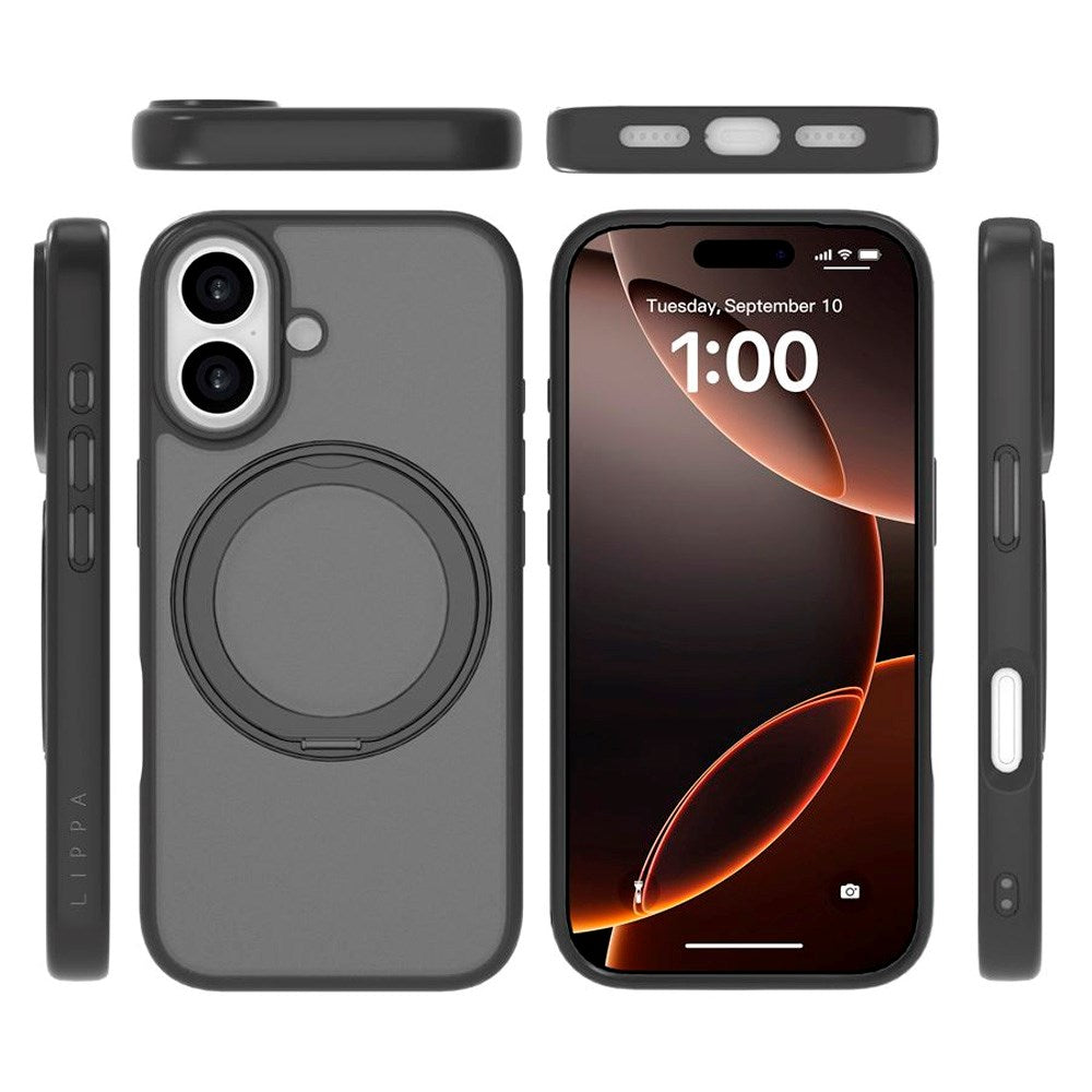 Lippa iPhone 17 Hybrid Cover m. Roterende Kickstand - MagSafe Kompatibel - Mat / Sort