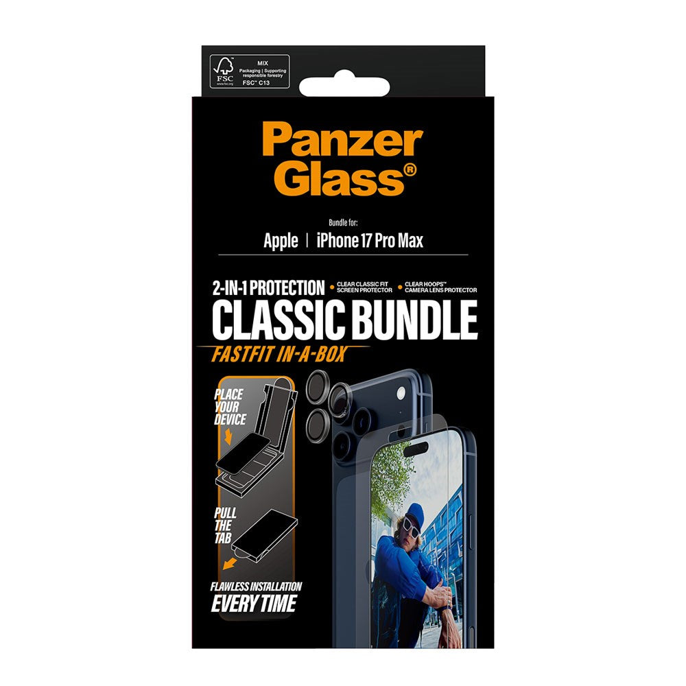 iPhone 17 Pro Max PanzerGlass 2-in-1 Classic Bundle m. Classic Fit Skærmbeskyttelse & Hoops Kameralinsebeskyttelse - Gennemsigtig