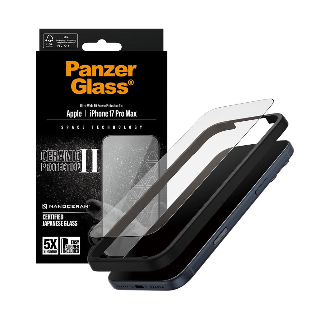 iPhone 17 Pro Max PanzerGlass Ceramic Skærmbeskyttelsesglas m. EasyAligner - Ultra Wide Fit - Gennemsigtig