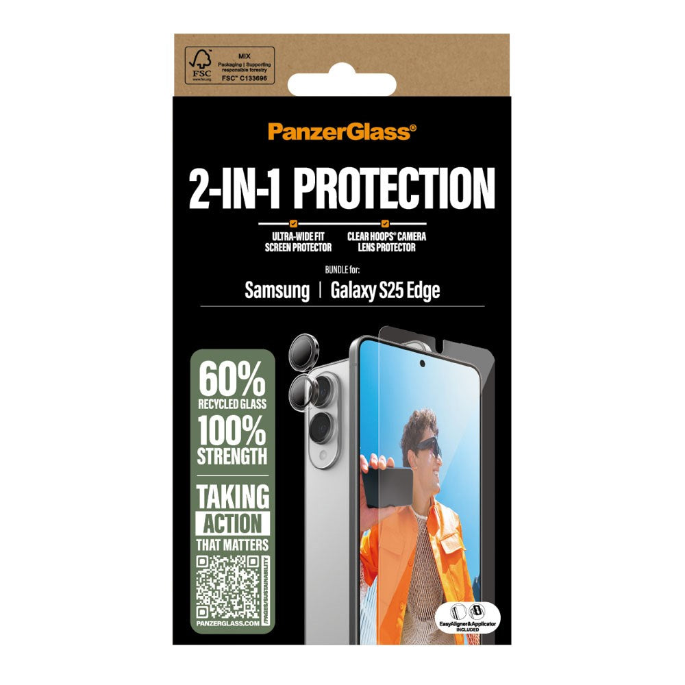 PanzerGlass Samsung Galaxy S25 Edgex 2-i-1 Bundle m. EasyAligner - Skærmbeskyttelse / Kamerabeskyttelse - Gennemsigtig / Sort