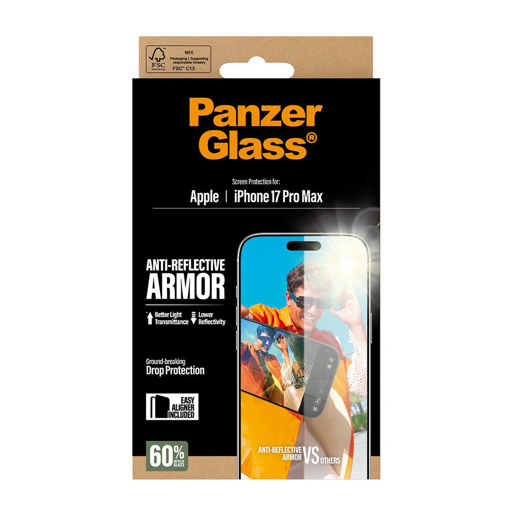 iPhone 17 Pro Max PanzerGlass Ultra Wide Fit Beskyttelsesglas m. EasyAligner - Anti-Reflective - Gennemsigtig