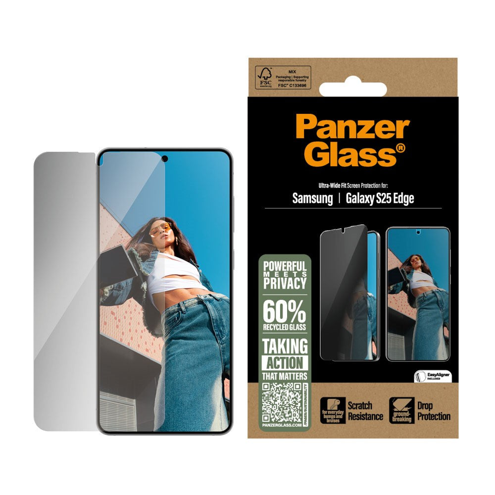 Samsung Galaxy S25 Edge Ultra Wide Fit Beskyttelsesglas m. EasyAligner - Privacy - Gennemsigtig
