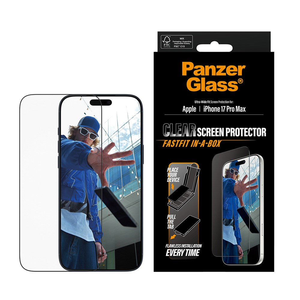 PanzerGlass iPhone 17 Pro Max Hærdet Beskyttelsesglas inkl. FastFit In-A-Box - Ultra Wide Fit - Gennemsigtig