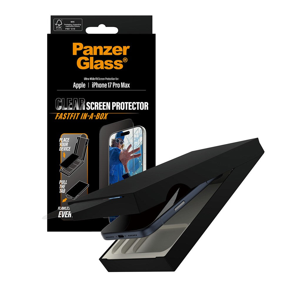 PanzerGlass iPhone 17 Pro Max Hærdet Beskyttelsesglas inkl. FastFit In-A-Box - Ultra Wide Fit - Gennemsigtig