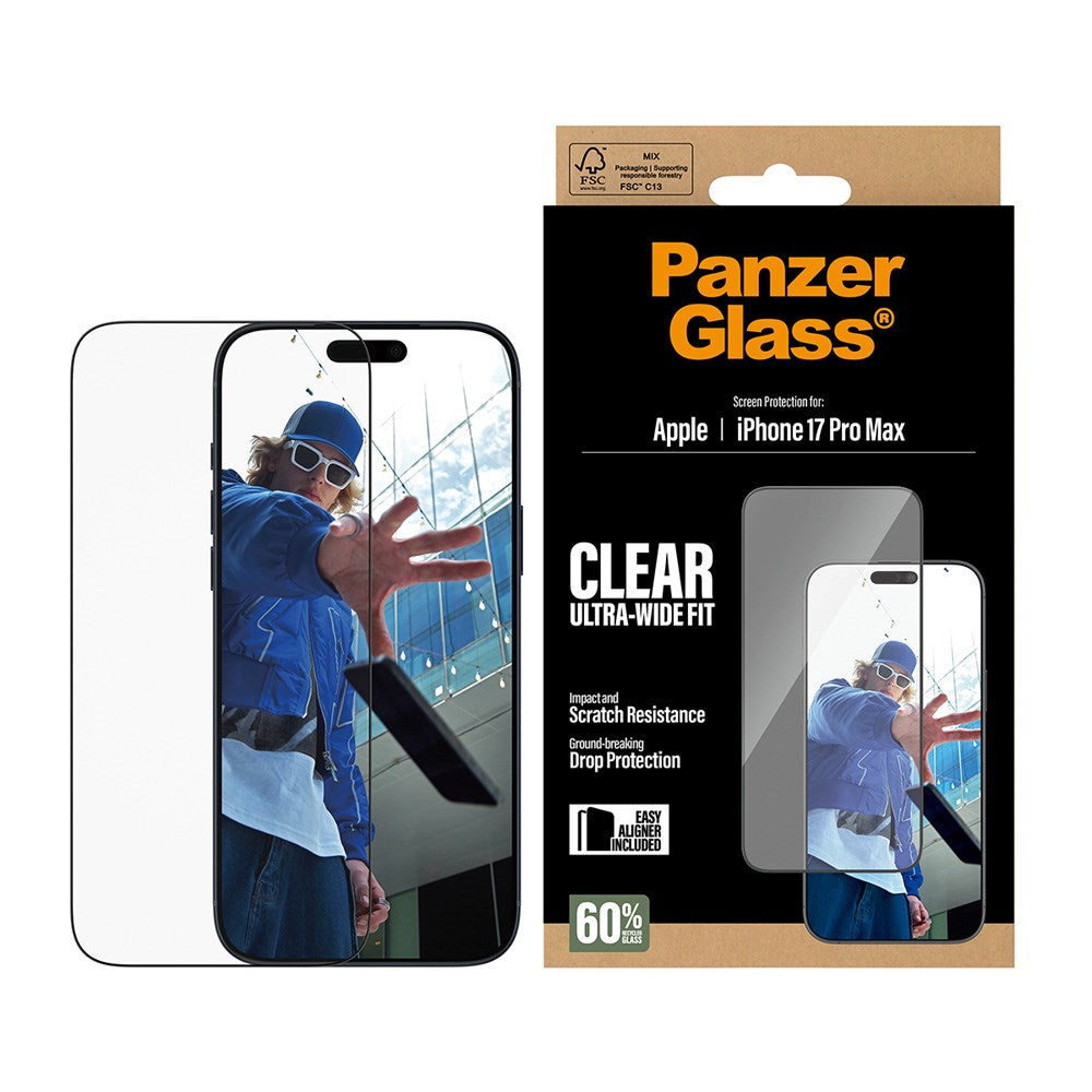 PanzerGlass iPhone 17 Pro Max Hærdet Beskyttelsesglas inkl. EasyAligner - Ultra Wide Fit - Gennemsigtig