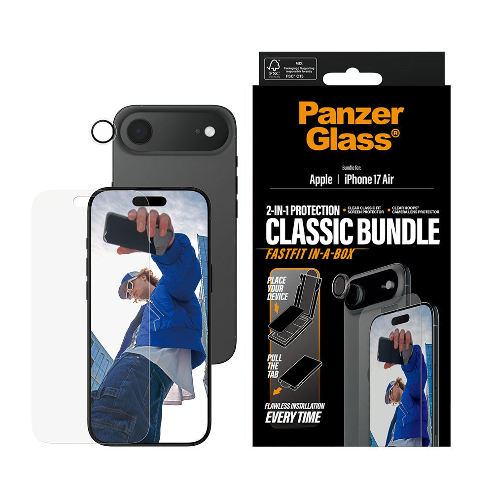 iPhone Air PanzerGlass 2-in-1 Classic Bundle m. Classic Fit Skærmbeskyttelse & Hoops Kameralinsebeskyttelse - Gennemsigtig