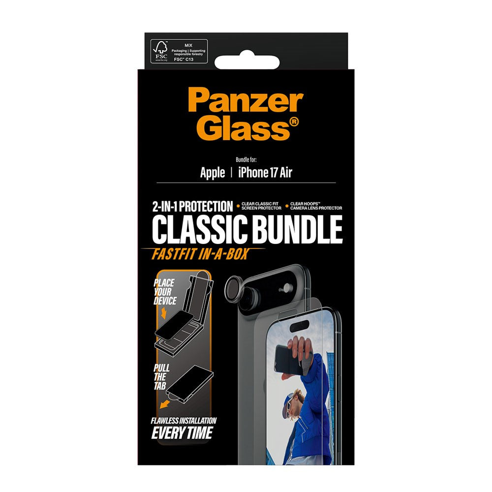 iPhone Air PanzerGlass 2-in-1 Classic Bundle m. Classic Fit Skærmbeskyttelse & Hoops Kameralinsebeskyttelse - Gennemsigtig