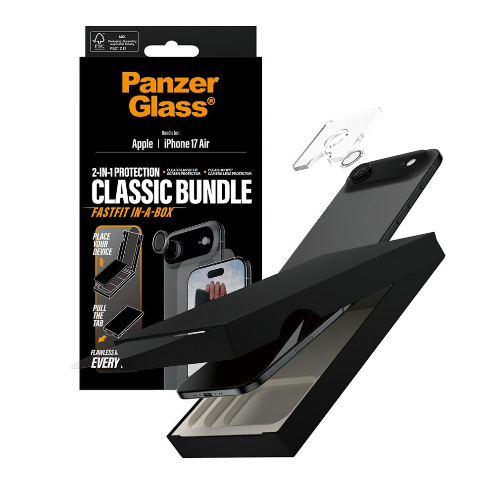 iPhone Air PanzerGlass 2-in-1 Classic Bundle m. Classic Fit Skærmbeskyttelse & Hoops Kameralinsebeskyttelse - Gennemsigtig