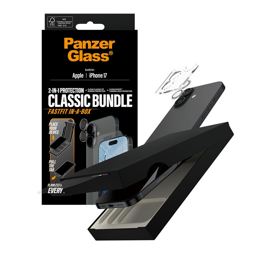 iPhone 17 PanzerGlass 2-in-1 Classic Bundle m. Classic Fit Skærmbeskyttelse & Hoops Kameralinsebeskyttelse - Gennemsigtig
