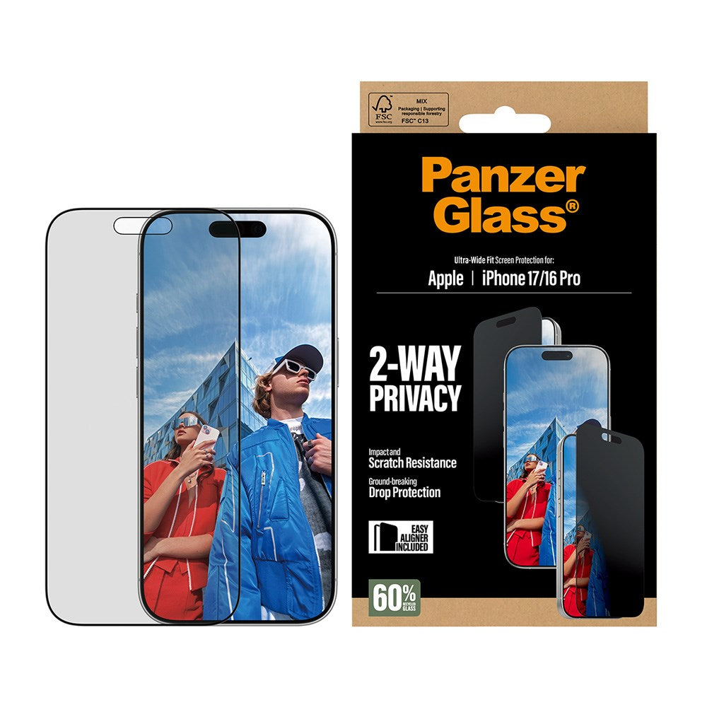 iPhone 17 / 16 Pro PanzerGlass 2-Way Privacy Skærmbeskyttelsesglas - Ultra-Wide Fit - Gennemsigtig